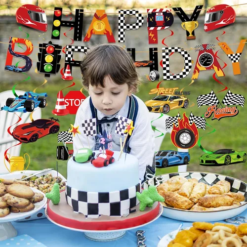 Miniatura 7 de Decoraciones de fiesta de autos de carreras, carteles de feliz cumpleaños, remolinos colgantes con temática de panal de abejas para autos