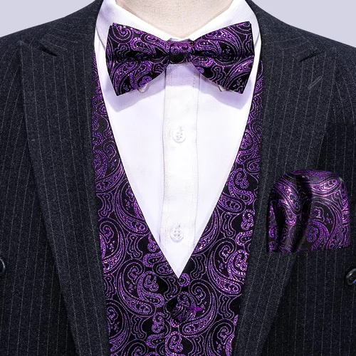 Miniatura 4 de Barry.Wang Conjunto de chaleco de pajarita para hombre, chaleco con cuello en V de seda jacquard de cachemira, gemelos de pañuelo formal/ocio, boda