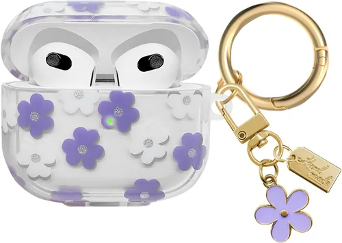 Miniatura 12 de Funda compatible con AirPods 3 2021, TPU suave con bonito patrón de flores para AirPods de 3ª generación con llavero de flores y mosquetón para Negro