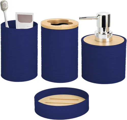 Miniatura 11 de Juego de accesorios de baño de bambú de 4 piezas, juego de accesorios de baño con dispensador de jabón y soporte para cepillos de dientes, jabonera