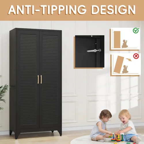 Miniatura 8 de SteeLoong Armario de metal de 71 pulgadas con barra para colgar, armario con puertas y estantes ajustables, armarios de almacenamiento de ropa negra