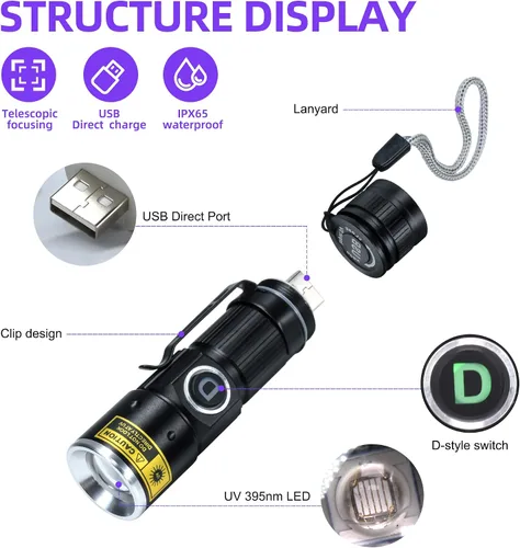 Miniatura 2 de DARKDAWN Linternas de luz UV de 395 nm USB recargable ultravioleta LED luz negra mini lámpara de madera portátil para detección de orina de gatos
