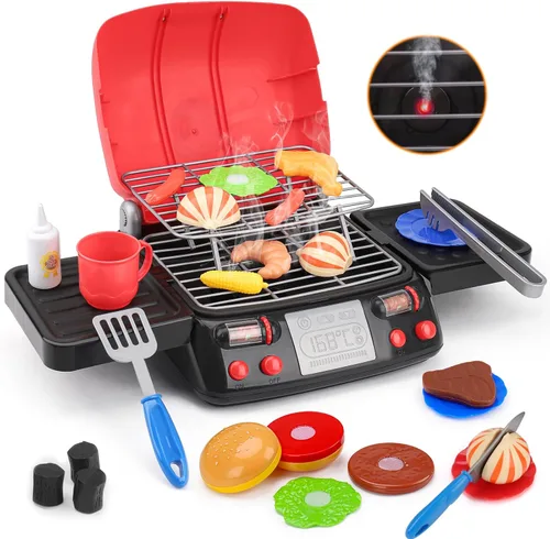 Juego de cocina para niños con parrilla de juguete y sonido de humo simulado, juego de luces, juego de cocina de juguete, accesorios de barbacoa,