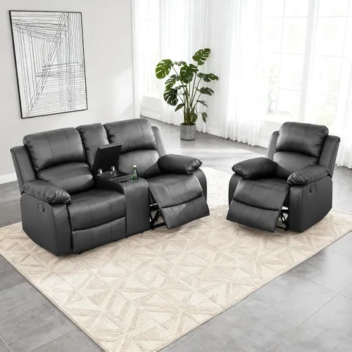 Miniatura 22 de Juego de sofá modular reclinable manual para sala de estar, sofá reclinable en forma de L, seccional de cuero con portavasos/almacenamiento