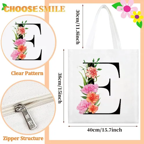 Miniatura 5 de Bolsa de lona con letra inicial personalizada, regalo para el día de la madre, damas de honor, novia, cumpleaños, boda Flower-E