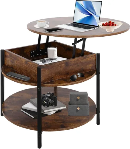 Miniatura 8 de FAHKNS Mesa auxiliar redonda con parte superior elevable con almacenamiento y compartimento oculto, mesa circular de dos niveles de 26.77 pulgadas