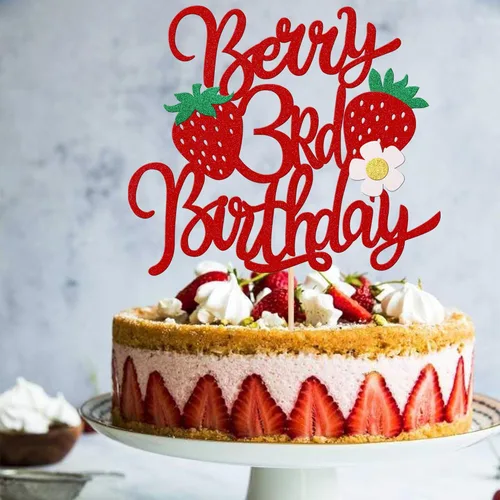 Miniatura 4 de 1 pieza de decoración para pastel de tercer cumpleaños con temática de fresa, flor brillante con temática de frutas dulces, decoración de pastel