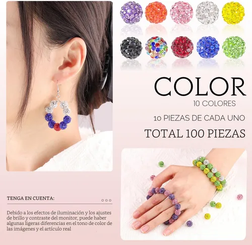 Miniatura 3 de 100 cuentas de diamantes de imitación de 0.394 pulgadas para la fabricación de joyas, 10 cuentas redondas brillantes de discoteca de Shamballa