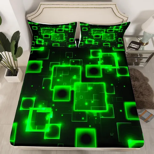 Miniatura 2 de Feelyou Juego de sábanas geométricas verdes y negras tamaño para niños pequeños, juego de sábanas de panal ligero para niños, sábanas geométricas
