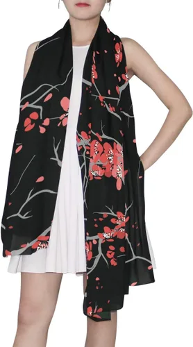 Miniatura 6 de Alaza - Bufanda larga de seda para mujer con diseño de flor de cerezo, color rojo