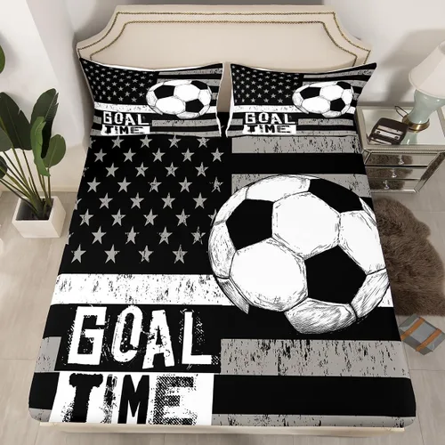 Miniatura 24 de Erosebridal Sábana bajera ajustable con la bandera estadounidense, sábanas de fútbol para niños, juego de ropa de cama de fútbol individual, juego