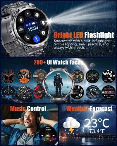 Miniatura 7 de Reloj inteligente militar de pantalla grande de 1.85 pulgadas para hombres con linterna, batería grande de 730 mAh, impermeable IP68, llamadas