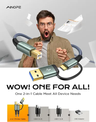 Miniatura 4 de AINOPE - Cable de impresora a USB, cable MIDI USB B a USB C de 480Mbps, cable de nylon trenzado tipo B para MacBook Pro, HP Canon Brother Dell Epson