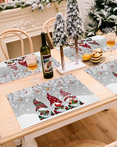Miniatura 5 de Juego de 1 mantel individual gris de Navidad, manteles individuales de enanos de invierno y cardenales antideslizantes, manteles individuales