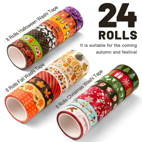 Miniatura 3 de Whaline 24 Rollos de Cinta Washi de Otoño Halloween Juego de Cinta Washi Navideña de Acción de Gracias Hojas de Otoño Calabaza Cinta de Enmascarar