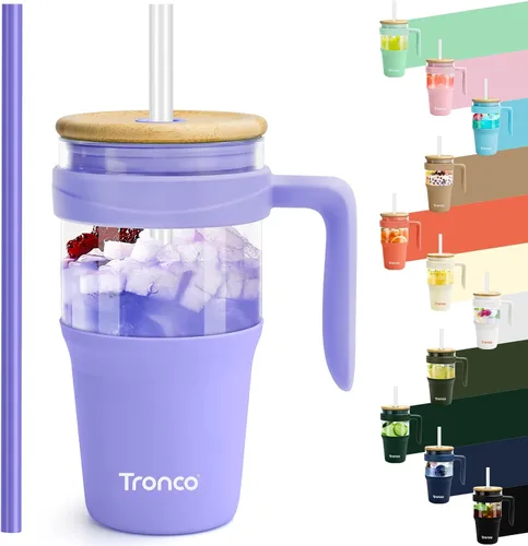Miniatura 33 de Tronco Vaso de vidrio de 32 onzas con popote y tapa, tapa con popote 2 en 1 a prueba de fugas, botellas de agua de vidrio con asa, apto para Rosa