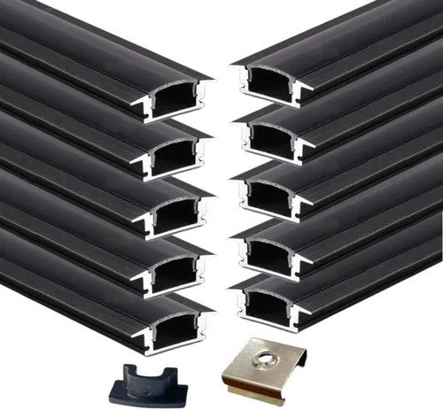 Paquete de 10 canales de aluminio LED en forma de U de 3.3 pies con cubierta negra, tapas de extremo y clips de montaje, perfil de aluminio para