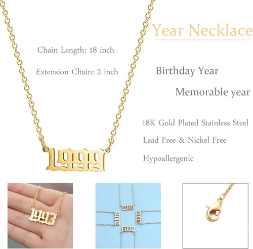 Miniatura 6 de Collar de acero inoxidable chapado en oro de 18 quilates con colgante de número de año de nacimiento y aniversario para mujeres y niñas