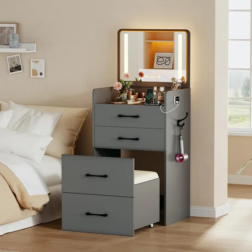 Miniatura 12 de Lvifur Escritorio de tocador 3 en 1 con espejo abatible y luces, tocador compacto con parte superior de vidrio con 3 cajones y taburete rodante