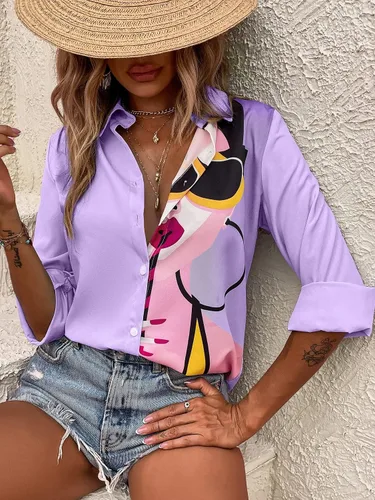 Miniatura 4 de SHENHE Camisa de manga larga con cuello para mujer, con estampado de figuras coloridas