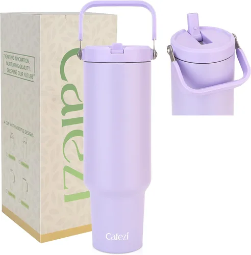 Miniatura 18 de Vaso de 30 onzas con tapa y pajita, vasos de acero inoxidable con aislamiento al vacío con pajita plegable y asa superior, botella de agua aislada