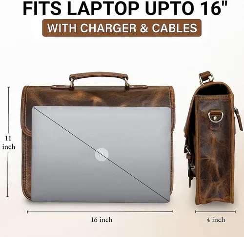 Miniatura 2 de RUSTIC TOWN Bolso bandolera de cuero para hombre – Maletín de cuero de grano completo para laptop, bolsa de viaje cruzada de oficina Marrón