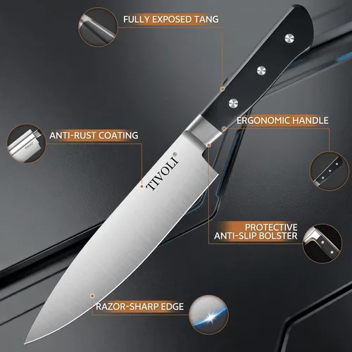 Miniatura 5 de TIVOLI Juego de 15 cuchillos de cocina de acero inoxidable de alto carbono con bloque y barra de afilado, juego de cuchillos negros afilados de alta