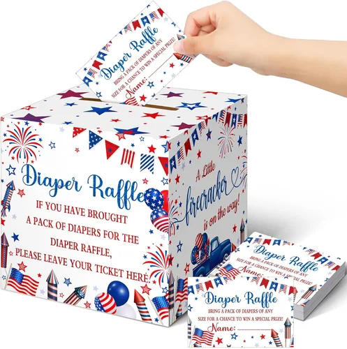 Miniatura 29 de Teling 51 boletos para rifas de pañales con caja de tarjetas, decoración de baby shower, caja de soporte para baby shower, para fiesta de rifas