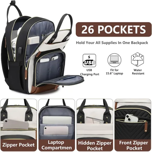 Miniatura 2 de Mochila para laptop para mujer, mochila de viaje de trabajo de 15.6 pulgadas con cargador USB, mochila universitaria impermeable, mochila