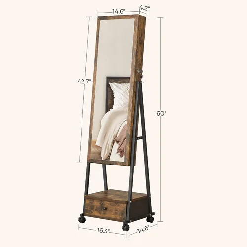 Miniatura 6 de SONGMICS UJJC004X01 - Organizador de joyas con cerradura con espejo de longitud completa, cajón inferior, estante, ruedas, regalos de Navidad