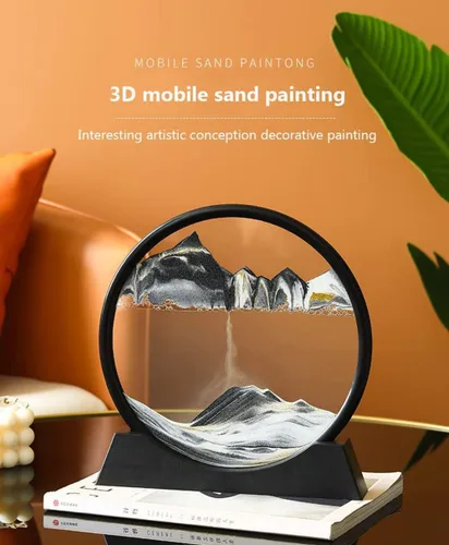 Miniatura 4 de XKSW Pintura de arena que fluye 3D, decoración de arte en movimiento, marco de vidrio redondo de paisaje natural de reloj de arena, pintura de arena