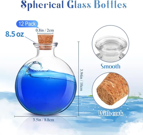 Miniatura 2 de Tessco para ti 12 piezas 8.5 oz Botellas de vidrio para poción con corcho, botellas redondas esféricas de boticario y decorativas para caramelos