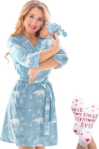 Miniatura 13 de ECO BABY - Conjunto de bata y manta para mamá y yo Bata de maternidad y conjunto de bebé a juego para niña, niño Parto hospitalario y parto
