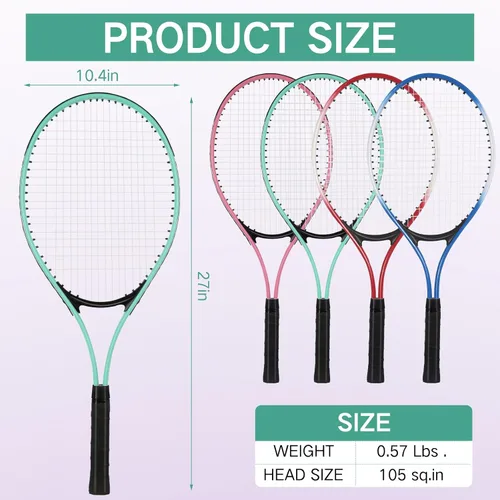 Miniatura 3 de 16 raquetas de tenis para adultos recreativas para 8 jugadores, raqueta de tenis de 27 pulgadas, raqueta de tenis ligera a granel con 8 pelotas