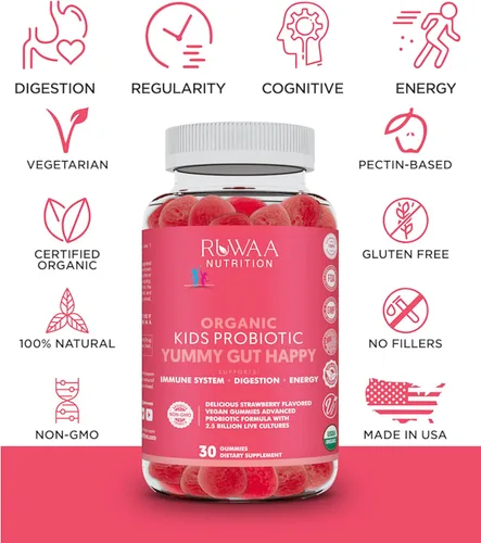 Miniatura 5 de RUWAA NUTRITION Gomitas probióticas orgánicas para niños para la salud digestiva, apoyo inmunológico, estreñimiento, hinchazón. 2.5 mil millones