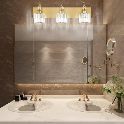 Miniatura 4 de Ralbay Luces doradas para tocador de baño, 3 luces, luces de tocador de cristal dorado sobre el espejo, accesorios de iluminación de tocador de baño