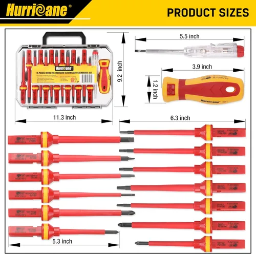 Miniatura 5 de HURRICANE Juego de destornilladores aislados de 1000V, juego profesional de destornilladores para electricistas de 15 piezas todo en uno