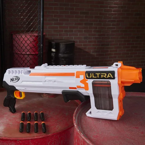 Miniatura 4 de Nerf Ultra Three Blaster, acción de bomba, clip interno de 8 dardos, 8 dardos Ultra, compatible solo con dardos Ultra