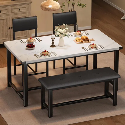 Juego de mesa de comedor de madera Garvee para 4, mesa de cocina y 2 sillas tapizadas con banco, juego de comedor rectangular, para espacios Mármol