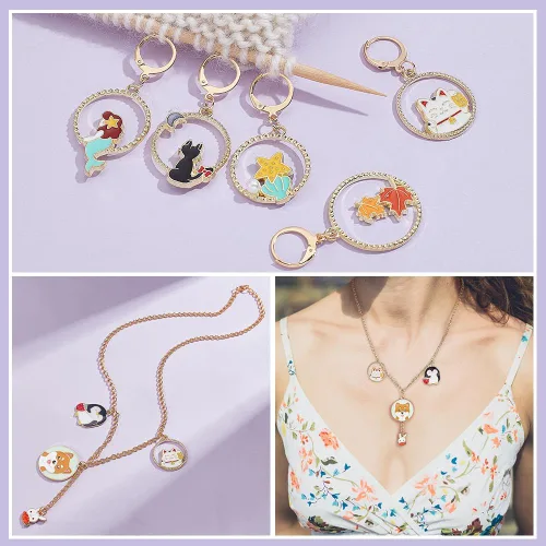 Miniatura 5 de NBEADS 20 piezas marcadores redondos de punto con anillo de animales, marcadores de punto de ganchillo esmaltados de aleación, cierre de acero