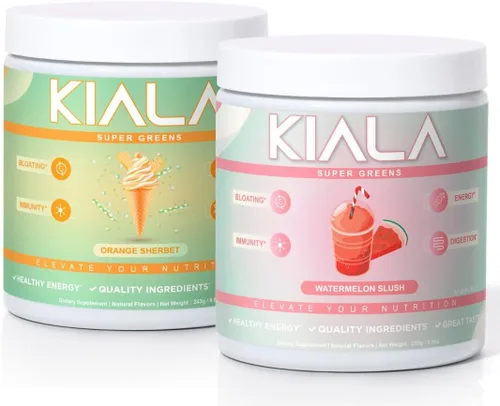 Kiala Nutrition Super Greens en polvo, espirulina, polvo orgánico de superalimentos verdes que apoya la salud intestinal, deshinchazón para mujeres,