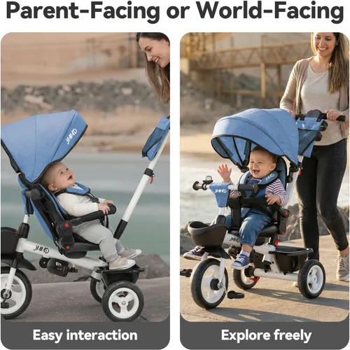 Miniatura 4 de EOOWOY Triciclo para niños pequeños con mango de empuje, Cochecito Triciclo 7 en 1 con asiento giratorio de 360°, respaldo reclinable, ruedas todo