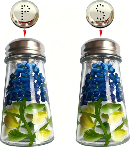 Ritadeshop Juego de salero y pimentero pintado a mano con tapas de acero inoxidable S y P (hortensias azules)