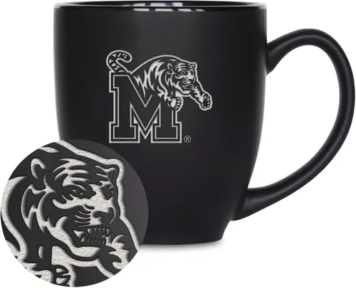 Miniatura 188 de Rico Industries - Taza de cerámica mate negra con grabado láser estándar de 15oz para NCAA (escuelas T & U) - Para bebidas calientes o frías