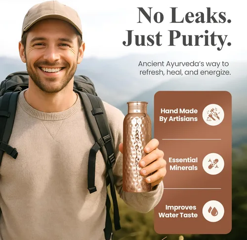 Miniatura 6 de Botella de agua de cobre 100% puro para beber, botella de cobre ayurvédico martillado de 34 onzas para agua potable, a prueba de fugas y ecológica