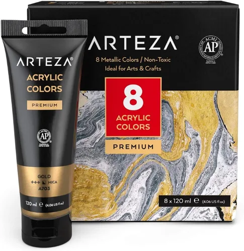 Miniatura 10 de ARTEZA Pintura acrílica metálica, juego de 8 tubos de colores clásicos de 4.06 onzas, pigmentos ricos, no se decolora, pinturas para artistas