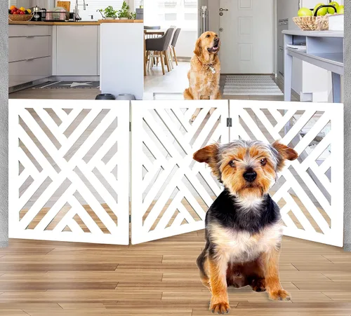 Miniatura 10 de Puerta independiente para perros expandible con valla decorativa de madera para perros pequeños a medianos, barrera para escaleras, puertas