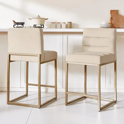 Miniatura 8 de GrandNoor Juego de 2 taburetes de bar modernos de piel sintética beige de 25 pulgadas con patas traseras de metal resistentes, cableado a cuadros