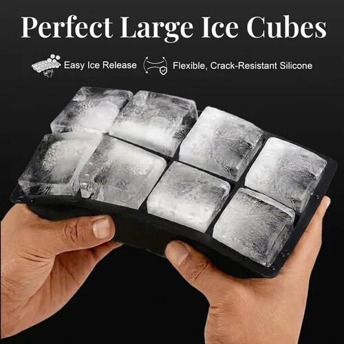 Miniatura 5 de Bandeja grande de silicona para cubitos de hielo, paquete de 3 bandejas para 8 cubos cuadrados con cubo grande, cuchara, pinza y 2 pajitas SS, molde