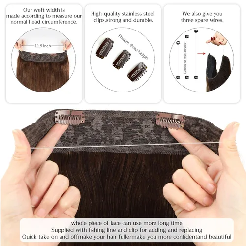 Miniatura 5 de Extensiones de cabello humano real, cabello lacio marrón chocolate de 12 pulgadas con alambre oculto y línea de pescado transparente